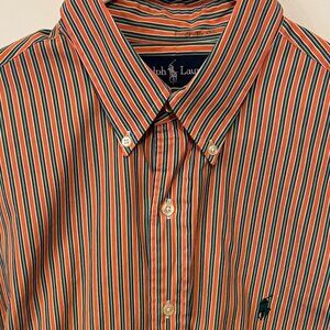 Ralph Lauren men's long sleeve shirt - striped orange & green - sz. L